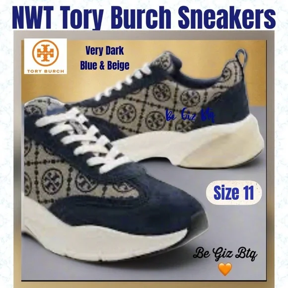 🔥🔥Authentic Tory Burch T Monogram Good Luck Sneakers M Navy Blue Monogram Size11 - Picture 1 of 13
